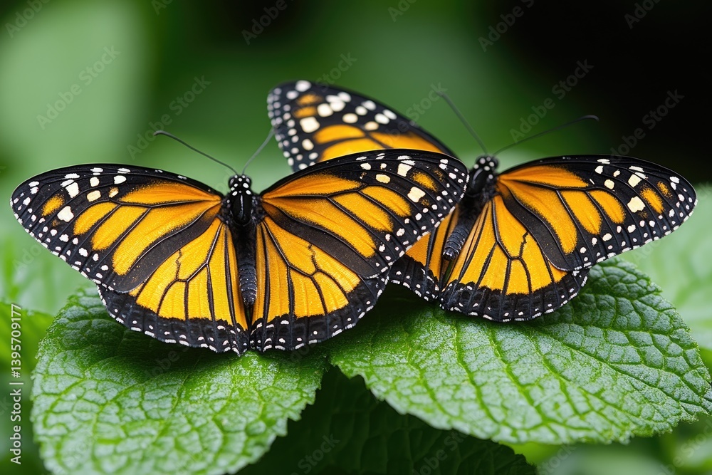 Fototapeta premium Two monarch butterflies rest on a vibrant green leaf
