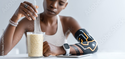 African female adult prepares protein shake with smartwatch and fitness equipment