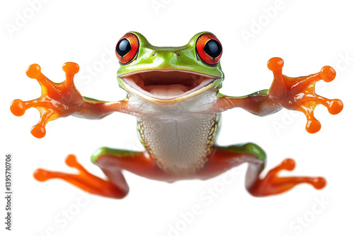 Happy Red Eyed Tree Frog Jumping on Black Background, isolated on transparent background