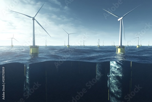 Offshore wind turbines harnessing renewable energy in a coastal area under clear skies