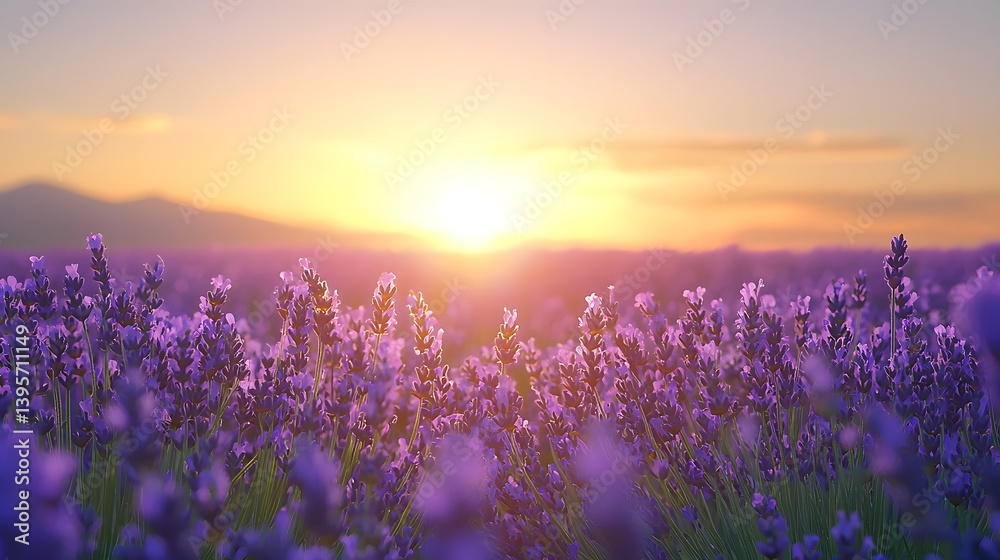 Fototapeta premium Sunset over vibrant lavender fields in bloom Generative AI