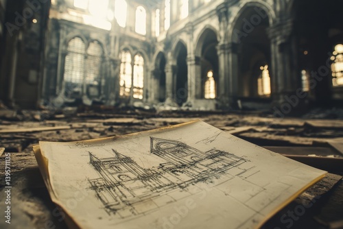 A detailed architectural sketch of a cathedral lies amidst the debris of its real counterpart, evoking a sense of past grandeur and lost heritage.