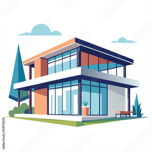 Cozy home with sloped roof chimney and windows in clean flat vector illustration style  