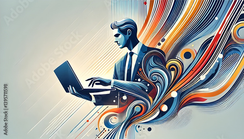 Abstract vector art of an Executive Manager using a laptop, use vibrant colors(1).
