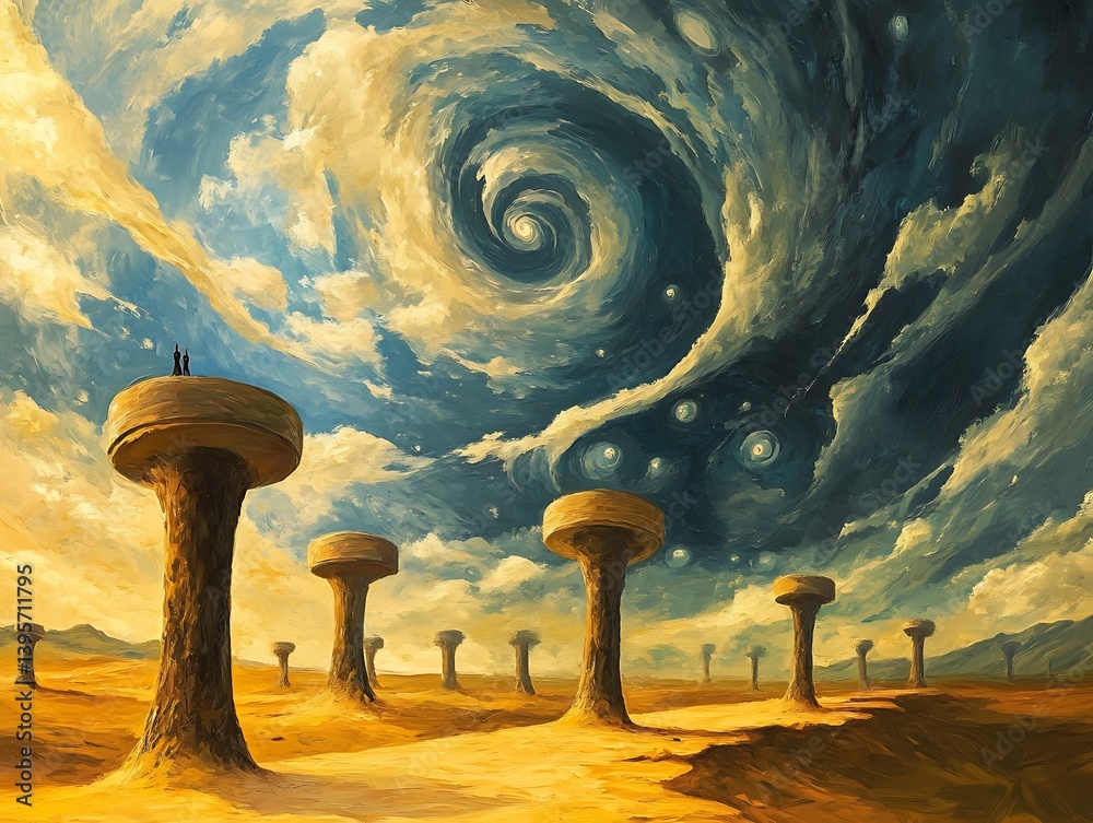 A surreal landscape of towering structures under a swirling vortex sky.