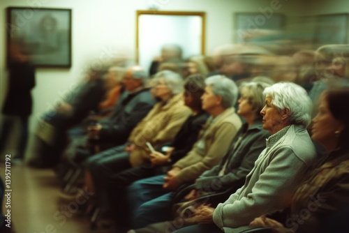 A blurred image of an attentive audience seated, possibly engrossed in a performance or presentation, creating a sense of anticipation and focus.