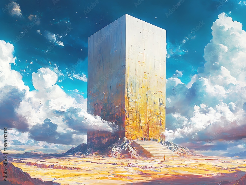 A towering, pale-yellow monumental structure rises above a desolate, sun-drenched landscape.