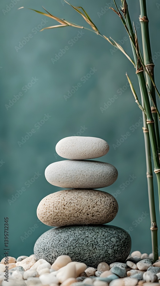 Calm stone stack beside bamboo in a serene setting. Generative AI Calm stone stack beside bamboo in a serene setting. Generative AI