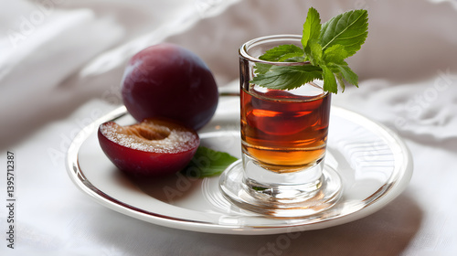 Clear Slivovica Plum Brandy with Fresh Mint and Ripe Plums on Elegant Plate photo