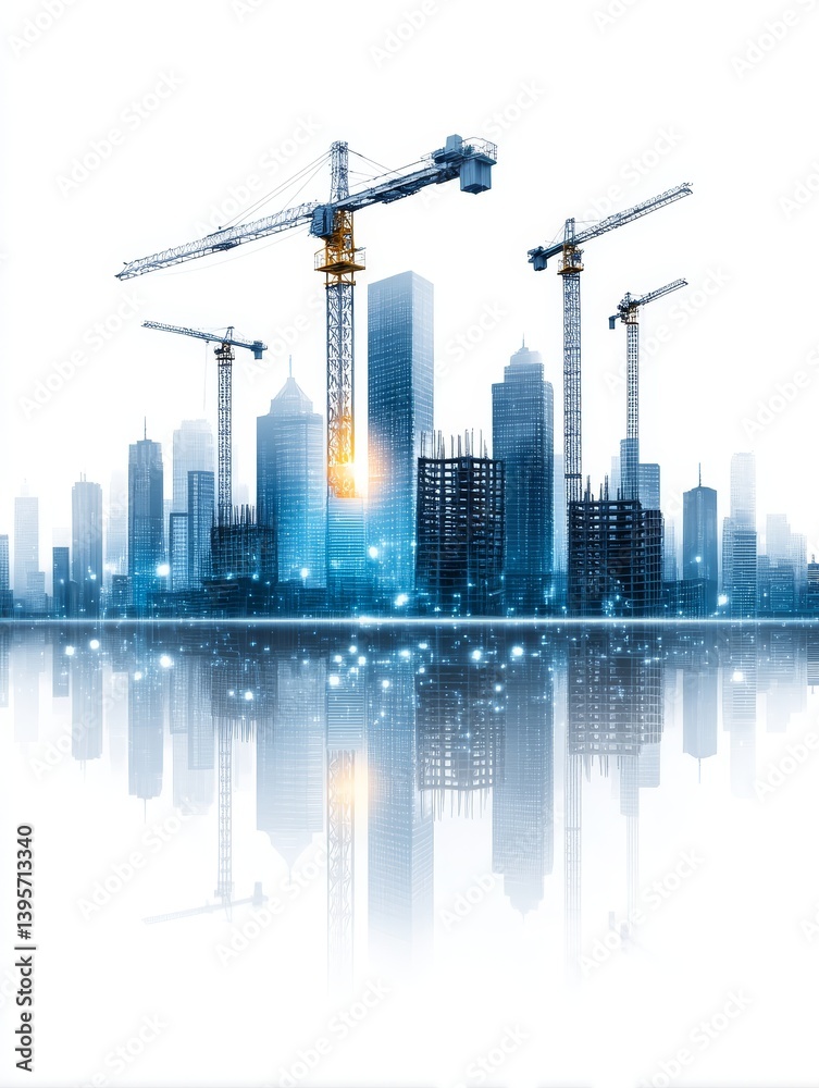 Obraz premium Urban Construction Skyline - Modern city skyline under construction with cranes and reflections in water. Shows urban development and progress