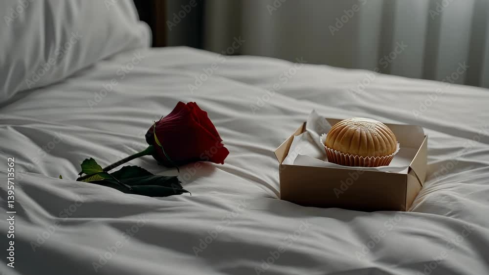 A rose and a cupcake are placed on a soft bedspread, creating a romantic atmosphere in a cozy bedroom
