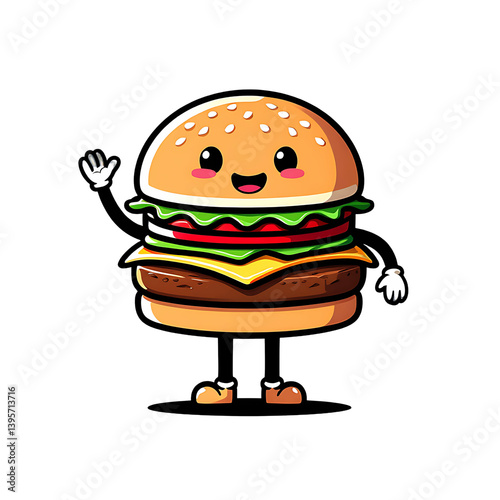 A friendly, animated burger character with arms and legs waves hello with a cheerful expression.