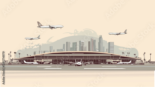 LAX with Hollywood Hills view as a vector style illustration.eps