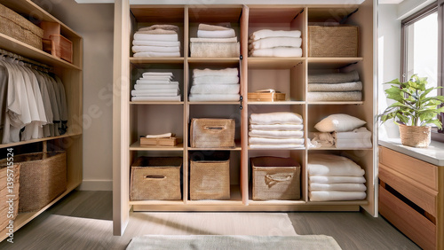 Organized linen closet with folded sheets, towels and boxes