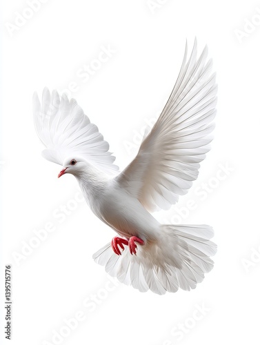 White Dove in Flight - A pristine white dove soars gracefully against a stark white background, its wings outstretched in elegant motion