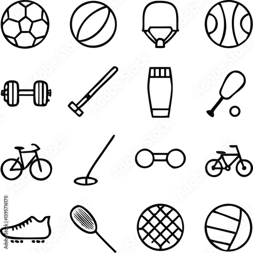 Sport Equipment Icons Vector Art | Fitness, Training & Game Gear Line Icon Pack