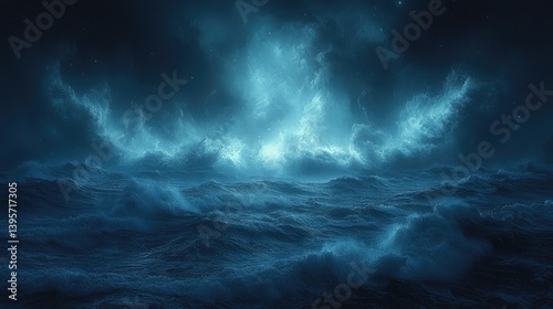 Ocean waves crashing under stormy night sky, water churning, clouds glowing