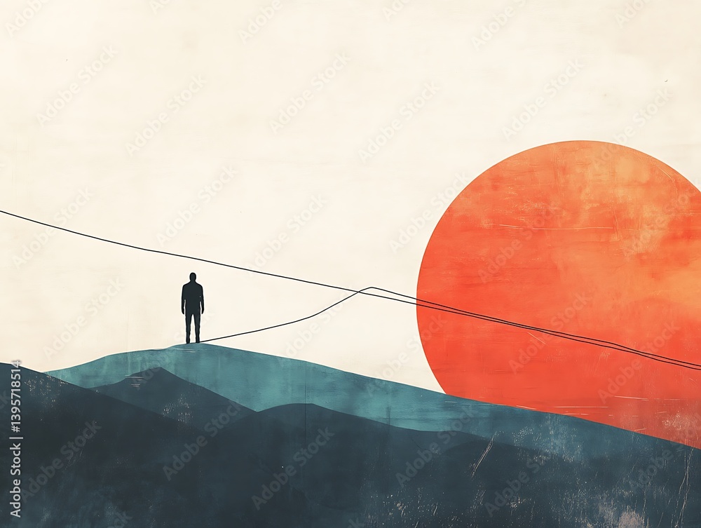 A solitary figure on a hilltop, facing a vibrant sunset.