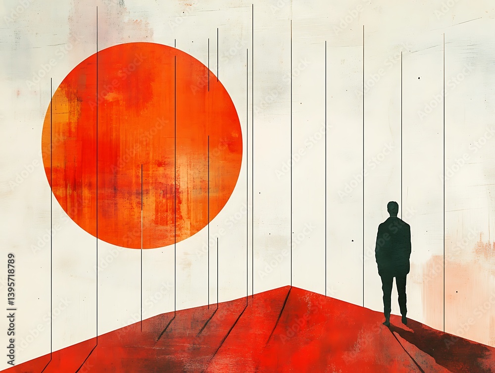 A solitary figure stands on a red hilltop, gazing at a vibrant orange sun.