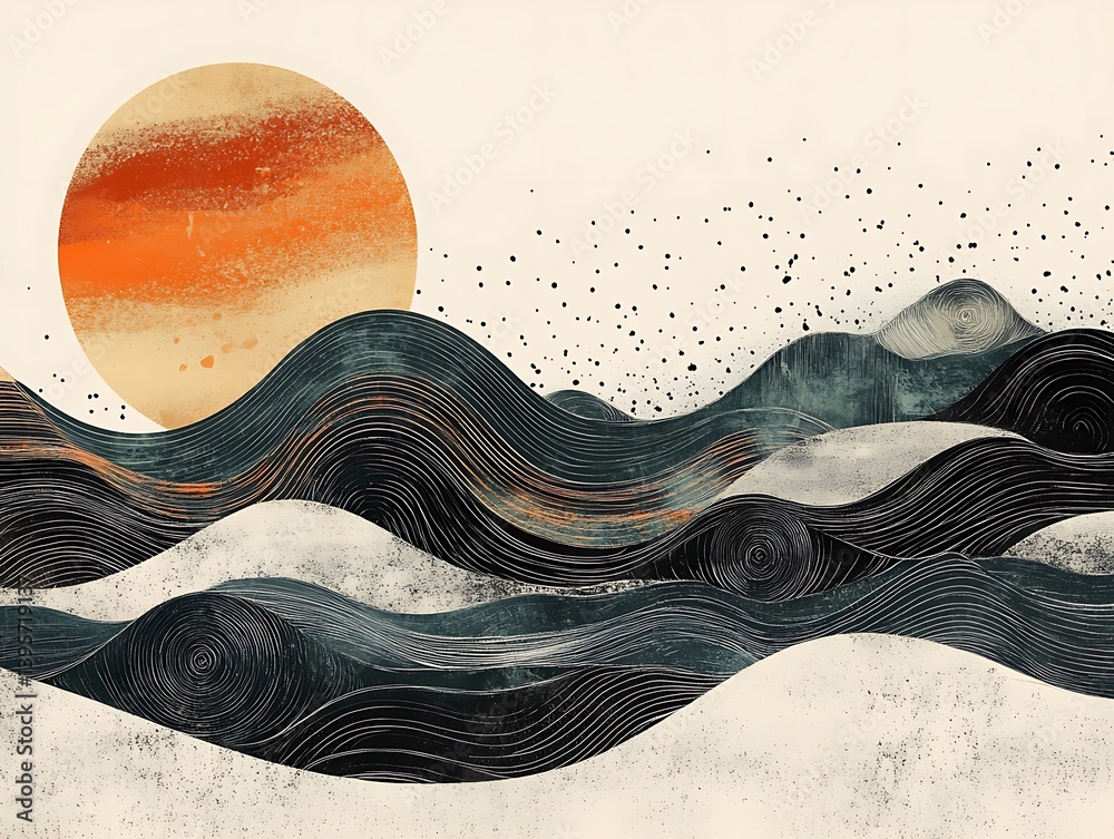 Abstract landscape with a warm sun and textured waves.
