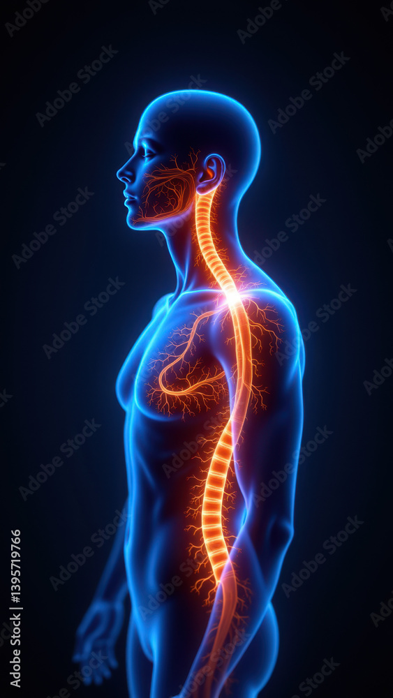 3D rendering of a human head with highlighted nerves, focusing on the vagus nerve, which is commonly associated with VNS (Vagus Nerve Stimulation). 3D rendering of a human head with highlighted nerves, focusing on the vagus nerve, which is commonly associated with VNS (Vagus Nerve Stimulation).