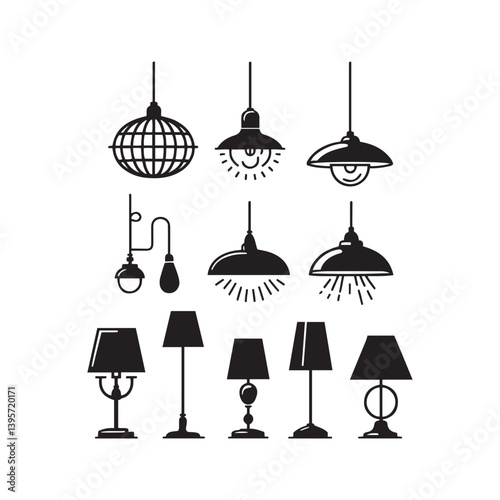 black silhouettes of various lamps arranged in a 4x4 grid on a white background