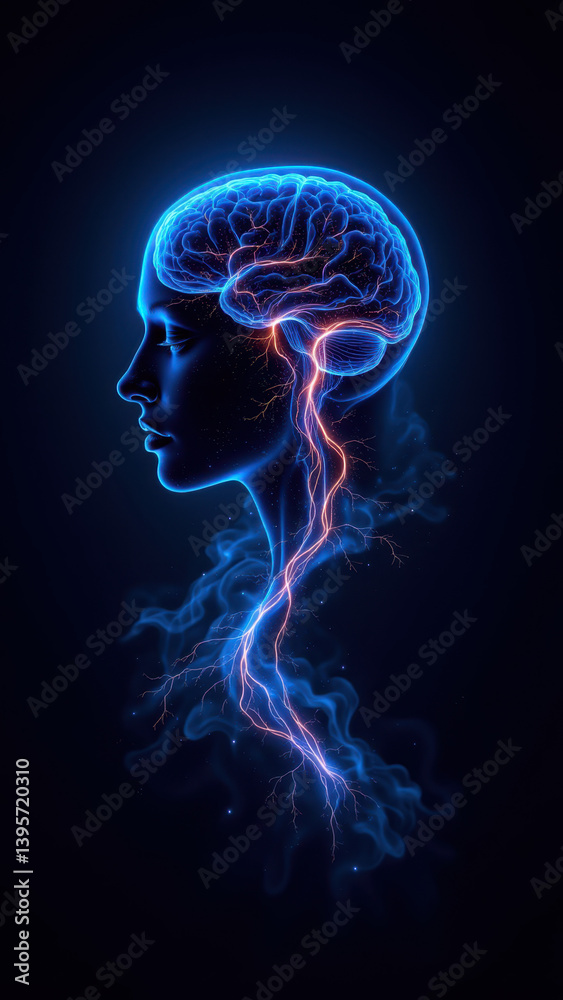 Fototapeta premium VNS - Vagus Nerve Stimulation with a blue-toned human head showcasing neural connections.