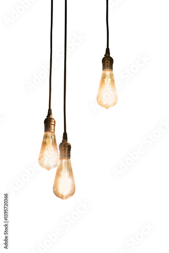 three retro lamps hanging from above with glowing electric light