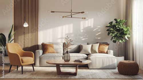 Modern Living Room with Stylish Furniture and Soft Natural Light, Showcasing Minimalist Elegance and Comfort.