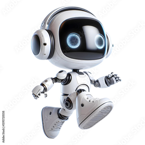 White cute robot in running posture isolated on white background