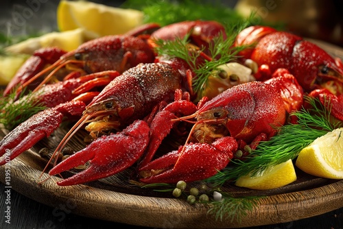 Steaming crayfish piled on wooden platter, glowing red with buttery herbs