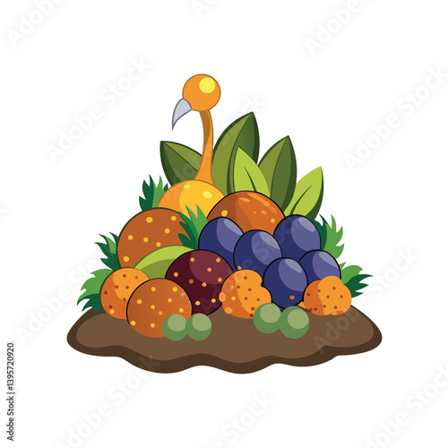 Cartoon Fruit and Vegetable Arrangement on Brown Mound