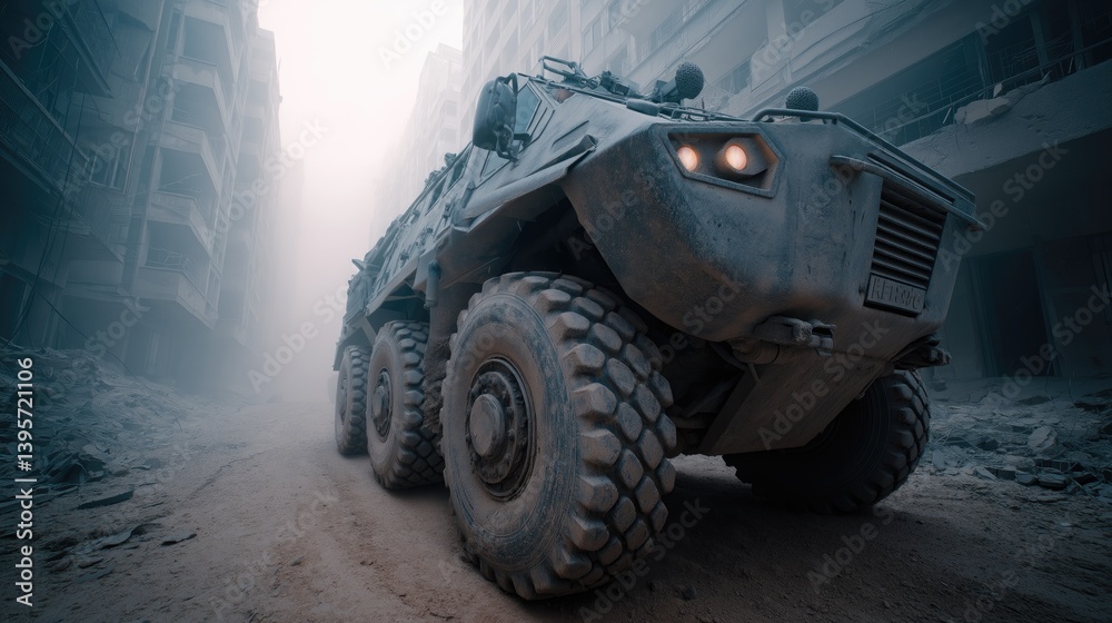 Fototapeta premium Military vehicle navigating a desolate urban landscape. A heavily armored military transport drives down a dusty road amidst the ruins of buildings. Fog obscures the surroundings