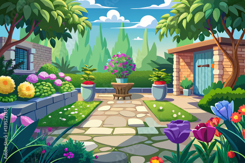 vector of Outdoor space with grass and beautiful flowers and paving stones