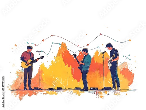 A four-piece band performing on a vibrant stage, overlaid with a growth graph.