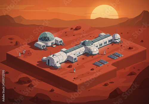 Futuristic Mars colony landscape with solar panels and sunset  