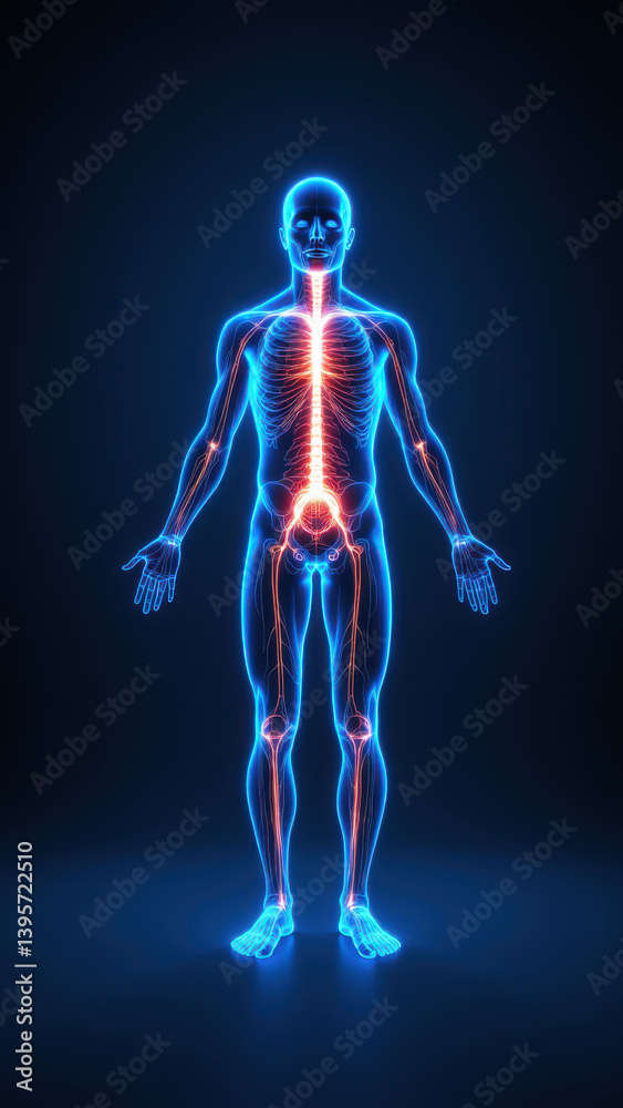 Illustration of a person with highlighted internal anatomy, especially the nervous system, emphasizing VNS (Vagus Nerve Stimulation). Illustration of a person with highlighted internal anatomy, especially the nervous system, emphasizing VNS (Vagus Nerve Stimulation).