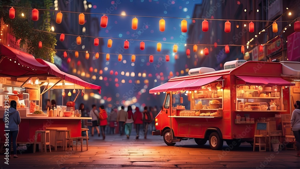 Obraz premium A bustling outdoor food market with a colorful food truck in the foreground.