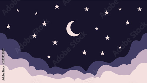 Dreamy Night Sky Vector Illustration with Moon, Stars, and Clouds