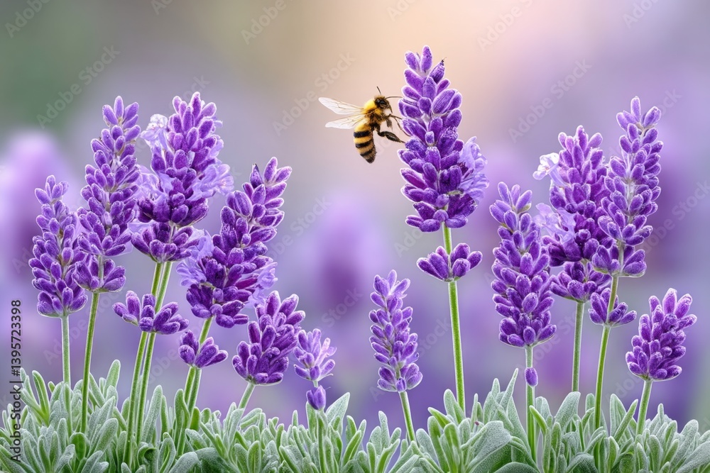 Naklejka premium A garden full of blooming lavender and buzzing bees under golden sunlight