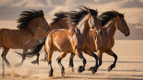 Majestic horses gallop through desert dust, embodying freedom and untamed spirit in golden light.
