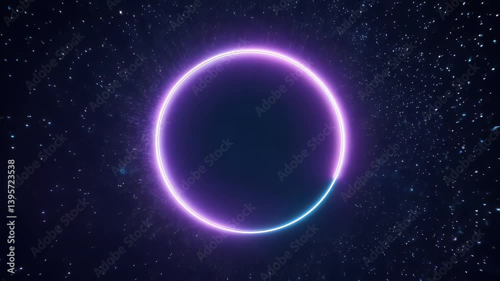Slowly rotating neon circle traced by tiny glowing particles