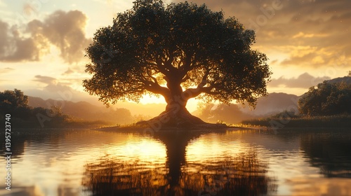majestic tree with sprawling branches and radiant sun shining through its leaves creates serene and uplifting atmosphere.