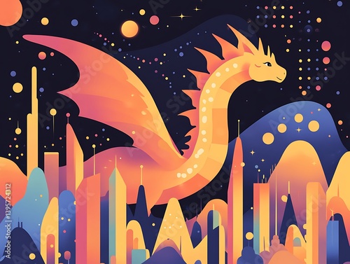 A vibrant dragon soars over a futuristic city in the cosmos.