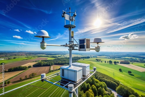 Drone View: Weather Station Against Vivid Blue Sky - Meteorological Equipment