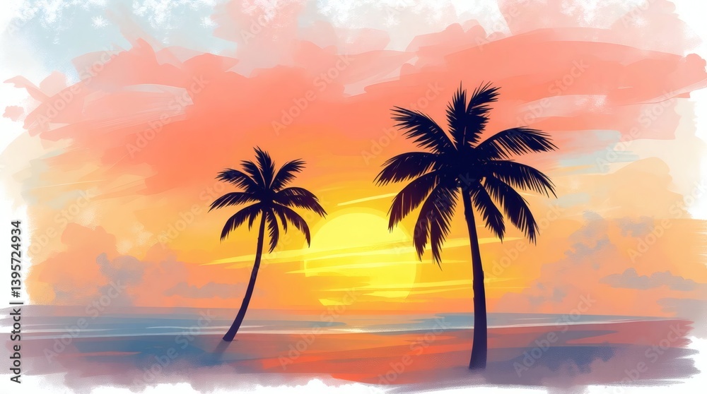 Tropical sunset with palm trees at the beach Generative AI Tropical sunset with palm trees at the beach Generative AI