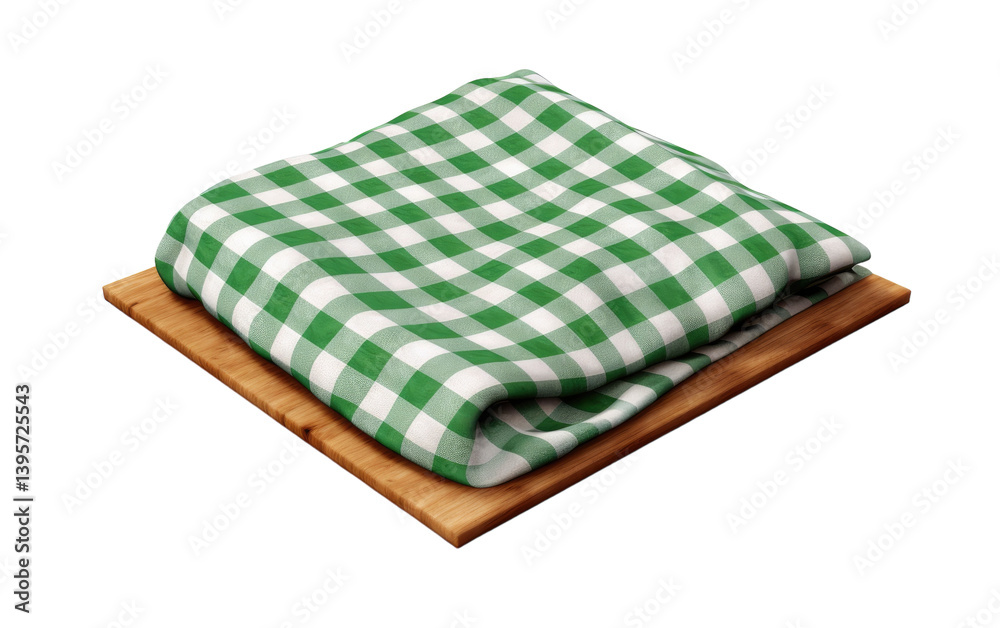 A folded green and white checkered picnic tablecloth rests on a rustic wooden board against a black background A folded green and white checkered picnic tablecloth rests on a rustic wooden board against a black background