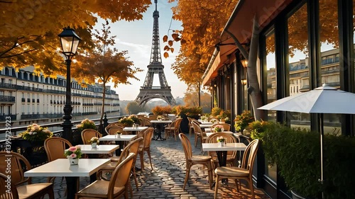 Outdoor Paris café terrace in autumn with Eiffel Tower view, cozy seating, vibrant foliage, and warm natural lighting during fall season

