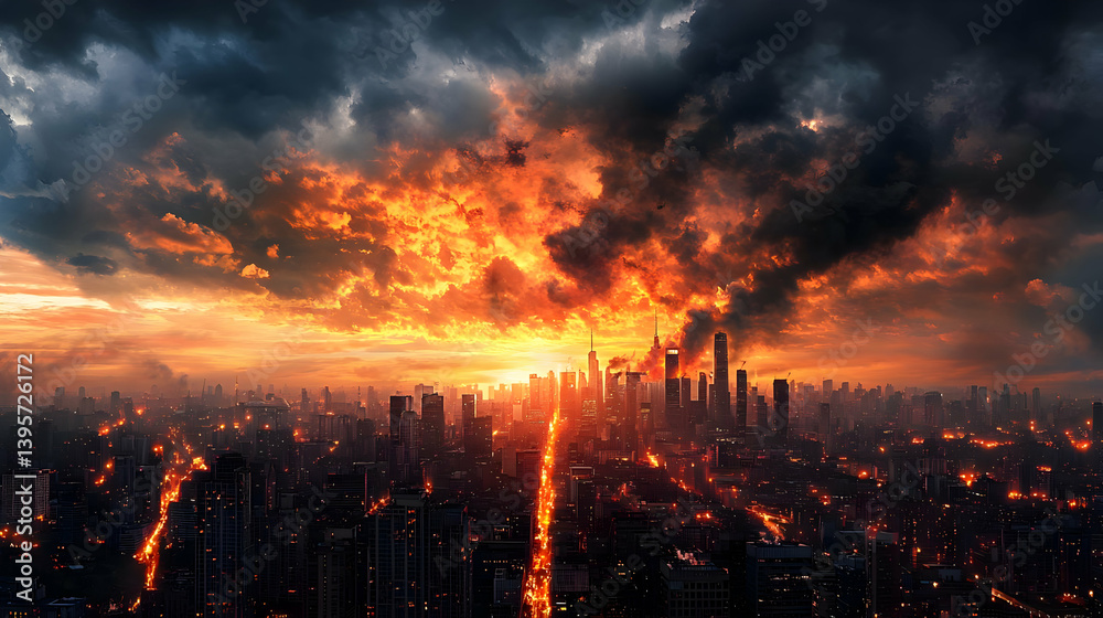 Fototapeta premium Fiery Sunset Over Futuristic Cityscape