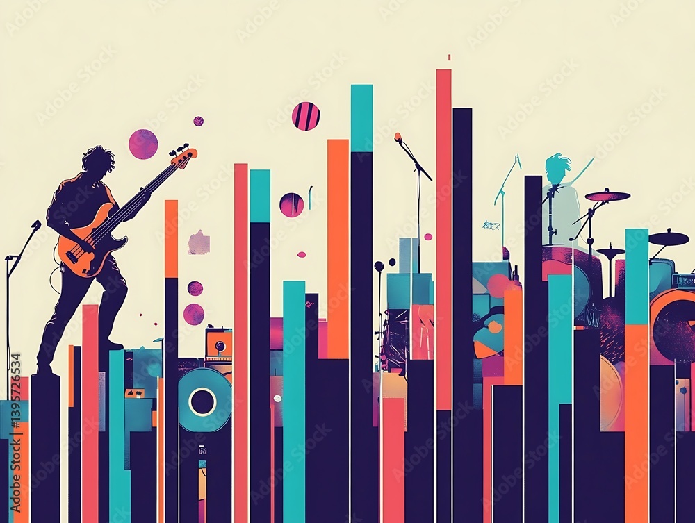 A vibrant illustration of a band performing on stage, with abstract musical instruments and sound visuals.